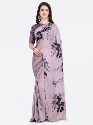 Purple printed Satin saree with blouse 1