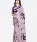 Purple printed Satin saree with blouse