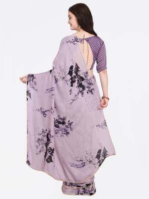 Purple printed Satin saree with blouse 2