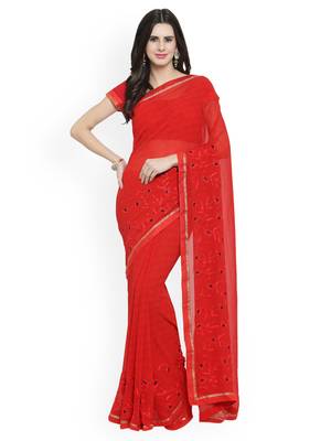 Red printed georgette saree with blouse 1