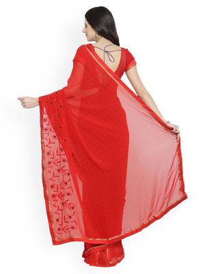 Red printed georgette saree with blouse 2