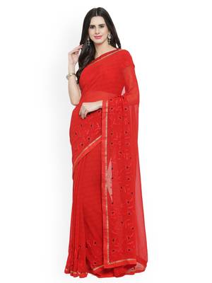 Red printed georgette saree with blouse 3