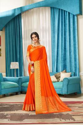 Orange woven Silk blend saree with blouse 1