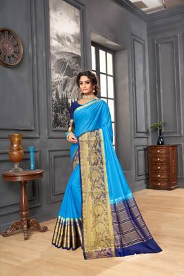 turquoise woven Silk blend saree with blouse 1