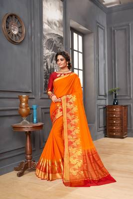 Orange woven Silk blend saree with blouse 1
