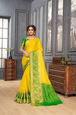 Yellow woven Silk blend saree with blouse 1