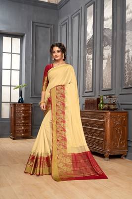 Cream woven Silk blend saree with blouse 1