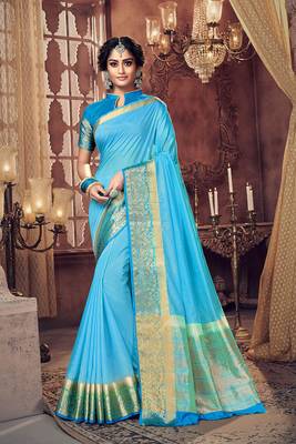 turquoise woven Silk Blend saree with blouse 1