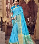 turquoise woven Silk Blend saree with blouse