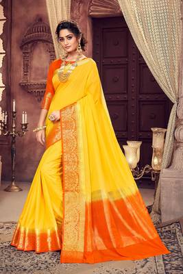 Yellow woven Silk Blend saree with blouse 1