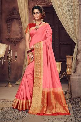 Pink woven Silk Blend saree with blouse 1