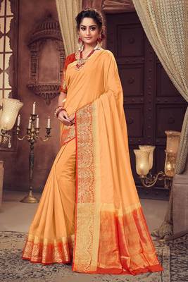 Orange woven Silk Blend saree with blouse 1