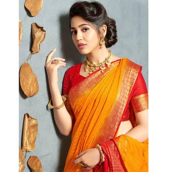 Orange woven Silk Blend saree with blouse 2