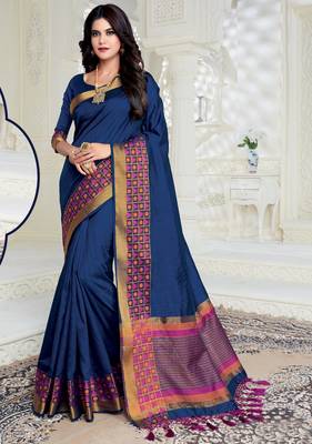 Blue woven raw silk saree with blouse 1
