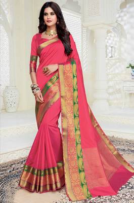 Pink woven raw silk saree with blouse 1