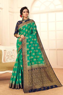 Green woven Silk Blend saree with blouse 1
