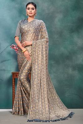 Grey plain silk saree with blouse 1