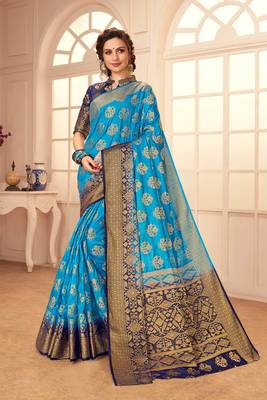 Blue woven Silk Blend saree with blouse 1