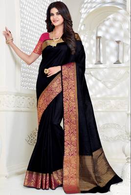 Black woven raw silk saree with blouse 1