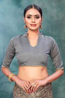 Grey plain silk saree with blouse 5