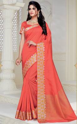 Peach woven raw silk saree with blouse 1