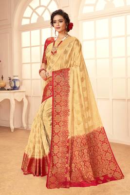 Beige woven Silk Blend saree with blouse 1