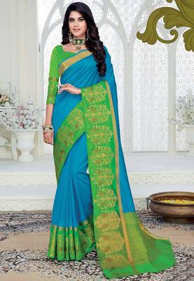 Sky blue woven raw silk saree with blouse 1