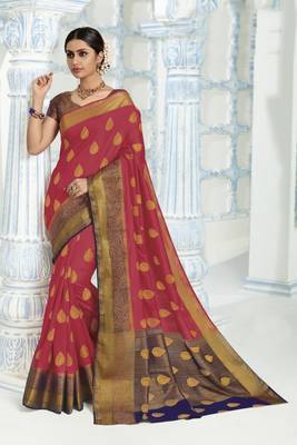Coral woven raw silk saree with blouse 1