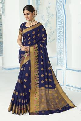 Navy blue woven raw silk saree with blouse 1