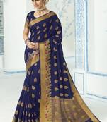 Navy blue woven raw silk saree with blouse