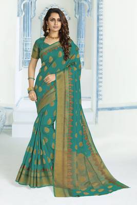 Green woven raw silk saree with blouse 1