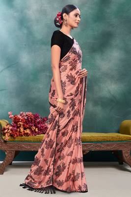 Pink plain silk saree with blouse 3