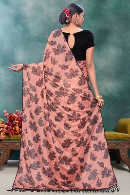 Pink plain silk saree with blouse 4