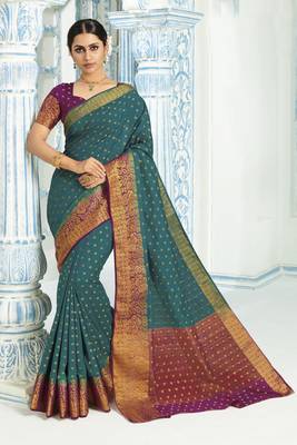 Sea green woven raw silk saree with blouse 1