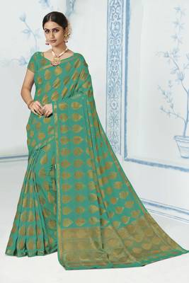 Green woven raw silk saree with blouse 1