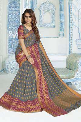 Grey woven raw silk saree with blouse 1