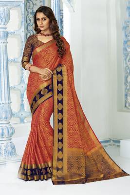 Orange woven raw silk saree with blouse 1