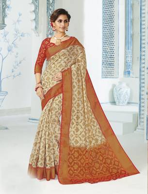 Beige woven raw silk saree with blouse 1