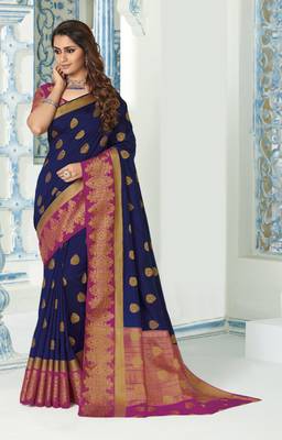 Navy blue woven raw silk saree with blouse 1