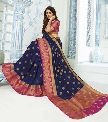 Navy blue woven raw silk saree with blouse 2