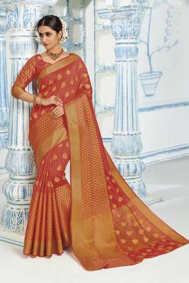 Orange woven raw silk saree with blouse 1