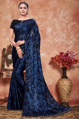 Blue plain silk saree with blouse 1