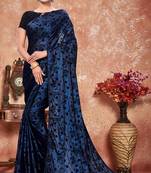 Blue plain silk saree with blouse