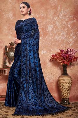 Blue plain silk saree with blouse 2