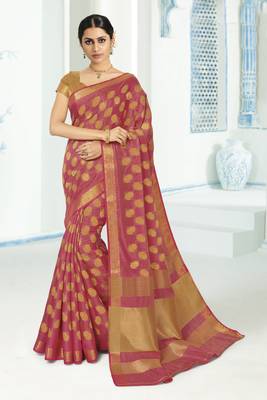 Peach woven raw silk saree with blouse 1