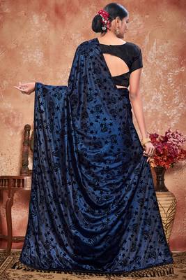 Blue plain silk saree with blouse 4