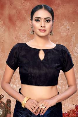 Blue plain silk saree with blouse 5