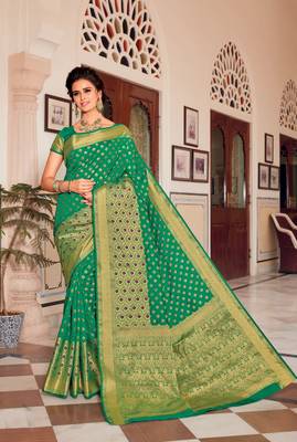 Green woven satin saree with blouse 1