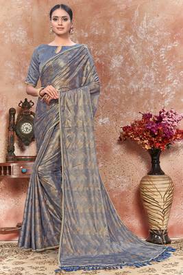 Grey plain silk saree with blouse 1