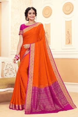 Orange woven Silk Blend saree with blouse 1